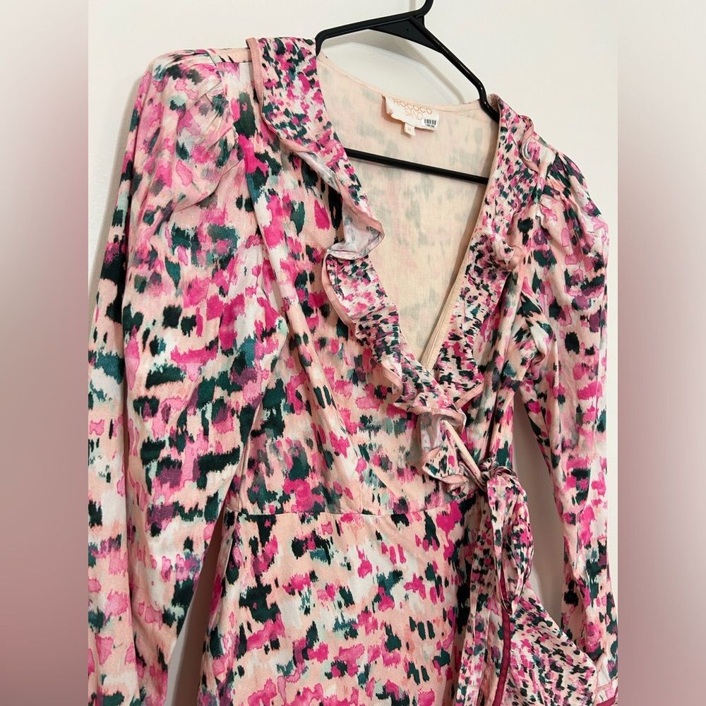Rococo Sand Mimi Wrap Pink Dress Long Ruffle Puff Sleeve Size Medium - Picture 6 of 13